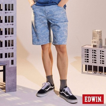 EDWIN 男裝 加大碼 EDGE JERSEYS 迦績動能迷彩LOGO合身牛仔短褲 (石洗藍)