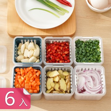 荷生活 PP材質廚房可瀝水式密封保鮮盒 蔥花配料備菜用雙層分裝盒-6入