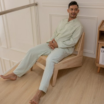 Rising Boutique 親膚柔軟感條紋長袖套裝-若葉綠條紋 (男） - M/前胸刺繡/正楷