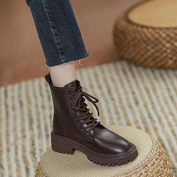 棕色全真皮厚底馬丁靴女2022新款百搭復古機車單靴潮ins春秋短靴