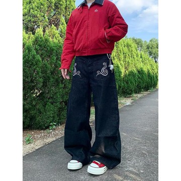 秋冬新款休閒百搭寬鬆高級感長褲男黑色時尚潮流牛仔褲男