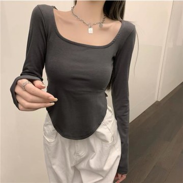 2021年新款chic早秋上衣薄款打底衫女秋冬網紅大u領長袖性感t恤女