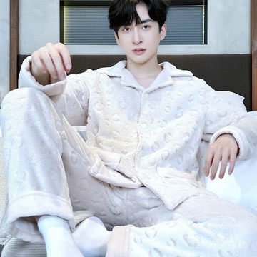 臺灣出貨 男生睡衣 長袖睡衣 男睡衣 冬天睡衣  保暖睡衣 睡衣秋冬季男士加厚法蘭絨珊瑚家居服可外穿外出寬鬆國風冬天