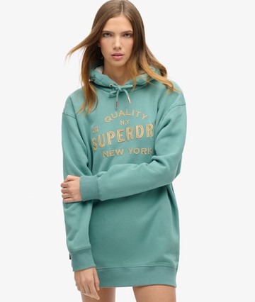 Superdry Women's Luxe Metallic Logo Hooded Dress Green Size: 10-12