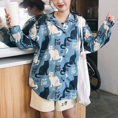 猫柄 ネコ シャツ ブラウス 長袖 アニマル プリント ビッグシルエット トップス ダンス 衣装 韓国 ヒップホップ レディース 通販 Lineポイント最大get Lineショッピング