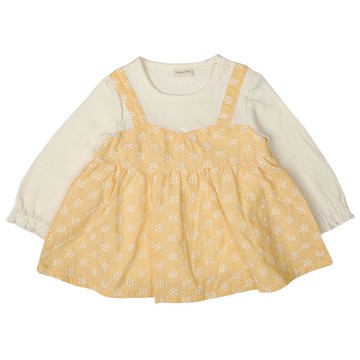 akachan honpo - 長袖假兩件T恤 褶皺織-刺繡-黃色