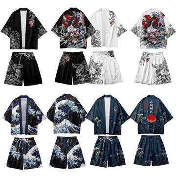 2025跨境新款創意七分袖和服道袍沙灘褲套裝