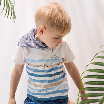 PIPPY 休閒小帆船繡花條紋短袖上衣  米白-120