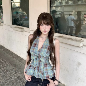 性感辣妹蝴蝶結格紋掛脖背心 夏季新款收腰顯瘦外穿上衣女ins YC205