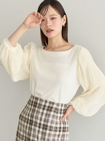 異素材拼接細褶蓬袖圓領上衣(01000696800) - earth music&ecology