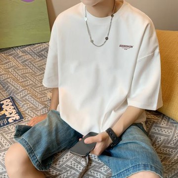 夏季休閑短袖t恤男款潮牌潮流文藝字母印花寬松半袖體恤打底上衣