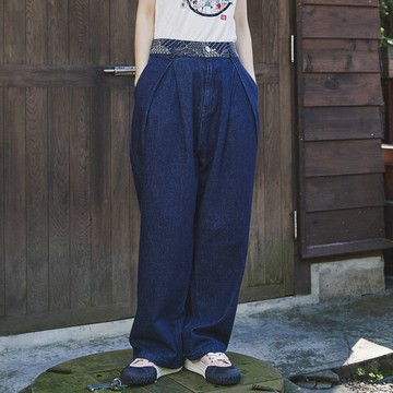 江戶勝｜女裝｜浮世浪花刺子繡丹寧寬褲