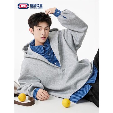 GENIOLAMODE重磅假兩件連帽衛衣男秋季拼接格子外套襯衫領情侶裝
