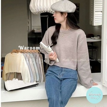 Waroom|現貨實拍韓系圓領長袖短款針織毛衣|女裝|女裝|針織上衣|長袖上衣|毛衣|長袖針織|短版上衣 5018