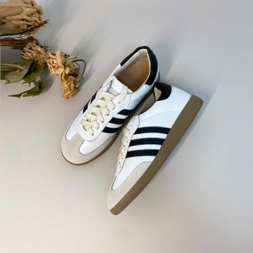馬皮墊~三條杠德訓鞋ins平底單鞋真皮手工板鞋系帶運動休閑小白鞋