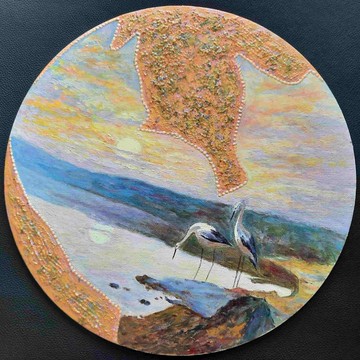 圓形原創混合媒材畫作，風景鳥兒日落牆飾 30x30