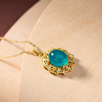 天然天河石鑲古法金橢圓形古風吊墜項鏈鏤空交織花紋玉石女款頸鏈