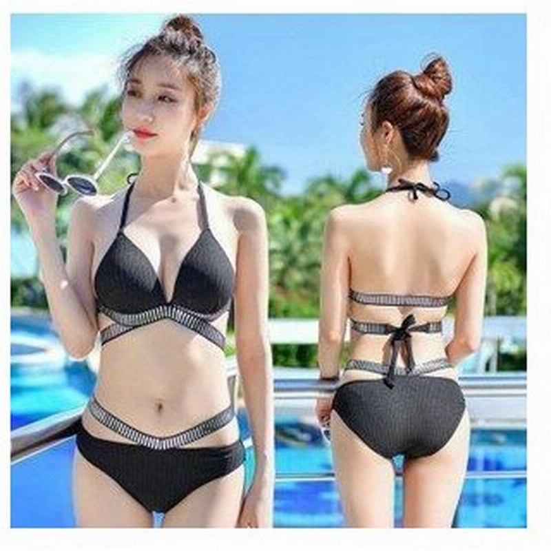 新作今年流行レディース水着ビキニビスチェ谷間無地リボンホルターネックプール女子用選べる2色大きいサイズ有 通販 Lineポイント最大get Lineショッピング