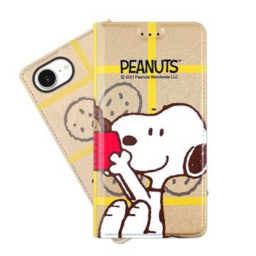 免運snoopy/史努比iphone 16e 彩繪可站立皮套(吃餅乾)
