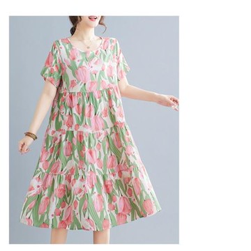 AKARA 繽紛色彩幸福鬱香短袖連身裙洋裝(3XL有做/ 蛋糕裙/ 拼接剪裁 /涼感綿綢)