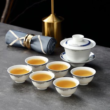 包廂用簡約茶具套裝中式泡茶會客招待陶瓷喝茶茶杯一蓋碗六杯茶海
