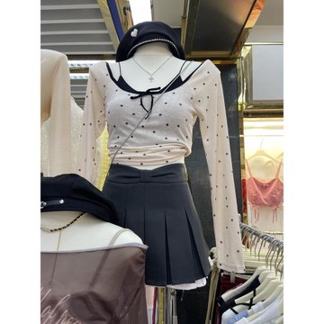 韓國東大門春夏凈色波點印花甜美減齡寬松百搭上衣+吊帶兩件套女
