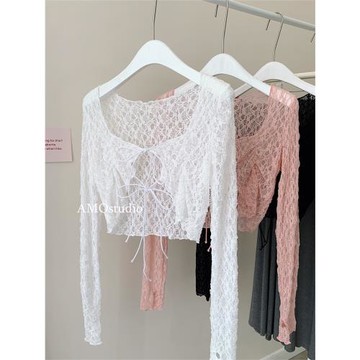 芭蕾風蕾絲防曬開衫外搭短款長袖蝴蝶結系帶荷葉邊褶皺blokette