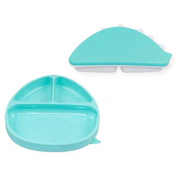 monee 100%白金矽膠 恐龍造型可吸式餐盤 附餐盒  薄荷綠  1組