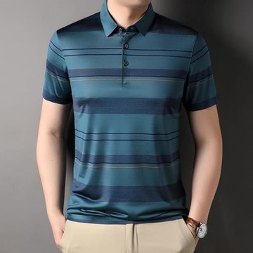 夏季商務休閑桑蠶絲短袖t恤男翻領條紋冰絲涼感半袖polo衫爸爸裝