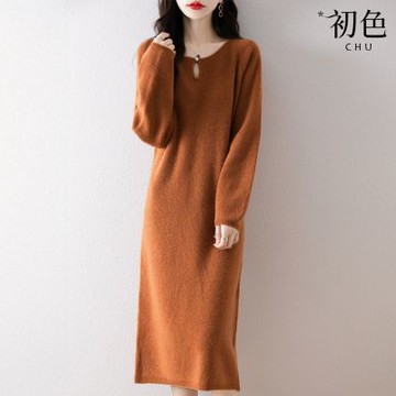 初色 簡約純色圓領長袖鏤空針織直筒裙中長裙連衣裙連身洋裝-共4色-17377(F可選)