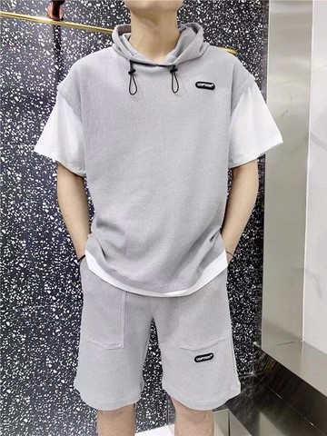 夏季潮流套裝寬松青年運動連帽短袖套裝男士華夫格T恤兩件套