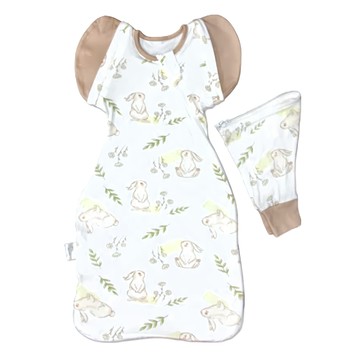 OhBabyLying 可換袖成長包巾 夏季輕薄款  田野兔兔 棕色 + 白色