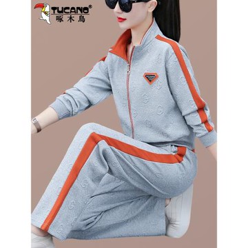 啄木鳥休閑運動服套裝女2025新款春秋時尚減齡中年媽媽外套兩件套