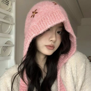 韓國秋冬新款可愛小花毛線拉法帽女小清新百搭護耳保暖針織套頭帽