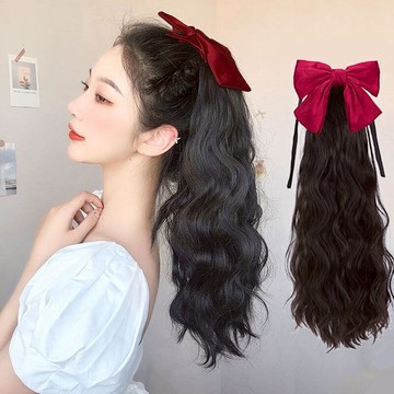 馬尾假發女長發蝴蝶結假發馬尾綁帶式中長發假馬尾卷發長辮子自然