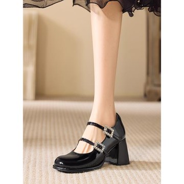 法式瑪麗珍鞋女開春小皮鞋胖腳寬腳水鉆高跟鞋加肥大碼女鞋41到43