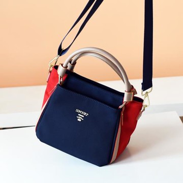 牛津布撞色小手提女包歐美時尚通勤包新款三層帆布配皮單肩斜跨包