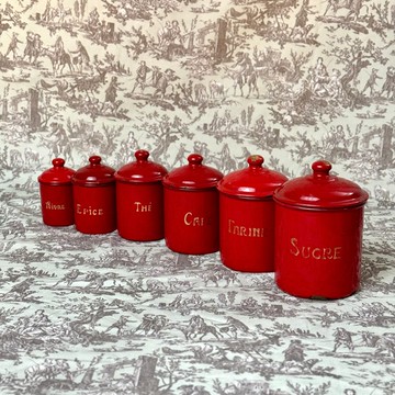 *50741-稀有完整六入法國古董艷紅琺瑯收納罐