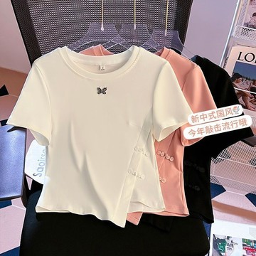 SY新中式國風盤扣短袖T恤女夏季大尺碼上衣新款女裝寬鬆顯瘦不規則上衣女短款上衣短袖上衣