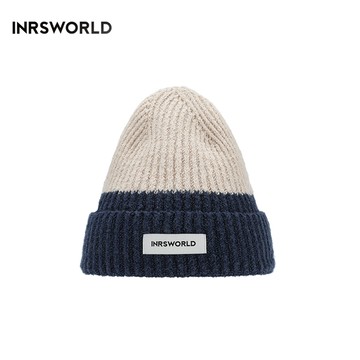 毛線帽【ISW】悉心界針織撞色毛線帽-海軍藍男女可戴