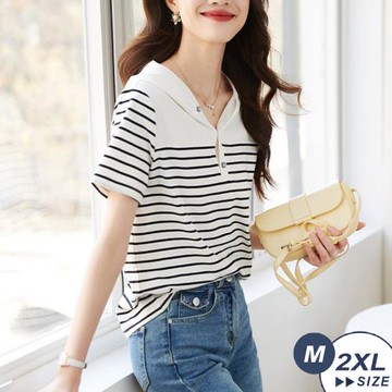 【 LANNI 藍尼】★氣質百搭連帽上衣 (條紋/帽T/短袖)