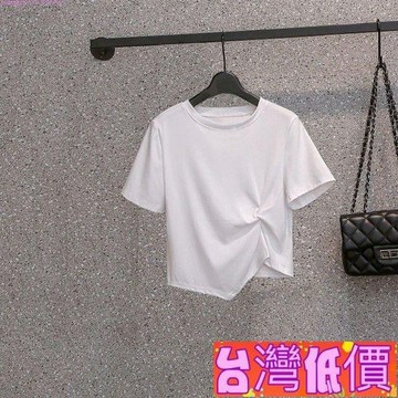 悅裳💎台灣免運💎【高品質】夏季韓新款洋氣顯瘦不規則ins短版上衣t恤遮肉百搭短袖韓國女裝設計感女裝專櫃女