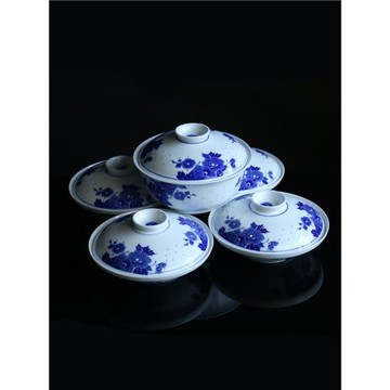 景德鎮陶瓷7英寸牡丹花合器帶蓋盤子菜盤家用青花玲瓏蓋碗套裝微