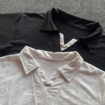 设计感拼接V领假两件POLO衫韩系轻奢风系带百搭条纹衬衫领短袖T恤