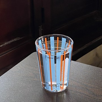 北歐風 條紋撞色玻璃水杯350ml橘紅