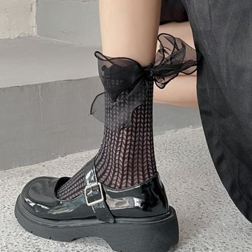 夏天薄款蝴蝶結襪子女個性鏤空網眼洛麗塔女襪愛心日系可愛jk中筒