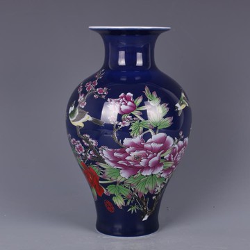 清乾隆藍地粉彩牡丹花鳥魚尾瓶仿古中式家居瓷器擺件古董古玩收藏1入
