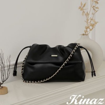 KINAZ 雙背帶掀蓋束口變型鏈帶肩背斜背包-暮色霧黑-漫柔系列