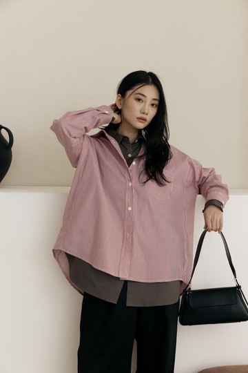 純棉隨性感口袋男友襯衫(條紋紅)