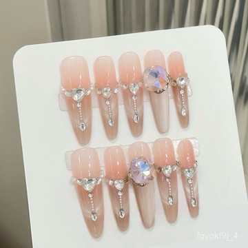 ❤️熱銷穿戴甲❤️冰透裸色微笑貓眼閤金鏈條僊女酵母高級感手工穿戴甲批髮成品手工穿戴甲顯白美甲片日常穿戴甲 NUW4